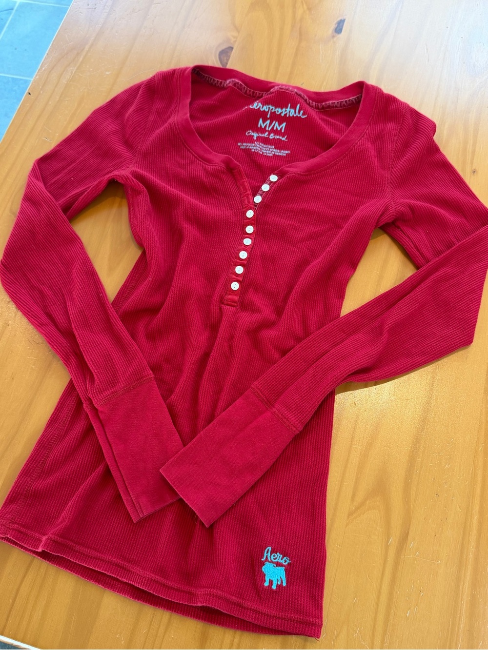 Y2K vintage Aeropostale fitted ribbed Women's Red Long-Sleeve Thermal Henley